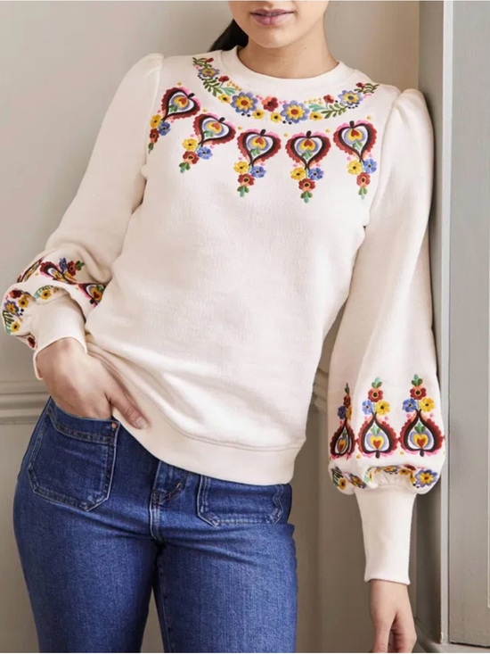 Boden Sweaters - Boden Embroidered Blouson Sweatshirt Size 4 Uk 8 Cream Floral Boho Crew Cotton